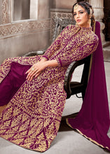 Laden Sie das Bild in den Galerie-Viewer, Magenta Designer Net Anarkali Suit with Full Thread Embroidery Work