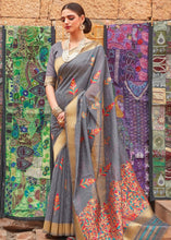 Carica l&#39;immagine nel visualizzatore Galleria,Seal Grey Linen Silk Saree with Colorful Weaving work