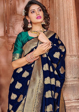 Laden Sie das Bild in den Galerie-Viewer, Denim Blue Zari Woven Soft Silk Saree with overall Butti work