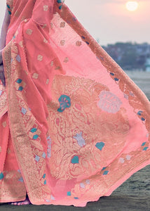 Punch Pink Woven Linen Silk Saree with Floral Motif on Pallu and Border