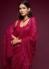 Cargar imagen en el visor de la galería, Magenta Pink Sequins &amp; Thread Embroidered Designer Georgette Saree