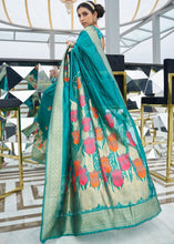 Cargar imagen en el visor de la galería, Ocean Blue Zari Woven Floral Art Silk Saree