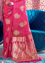 Load image into Gallery viewer, Hot Pink Satin Silk Saree with overall Golden Butti