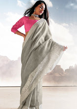 Laden Sie das Bild in den Galerie-Viewer, Pewter Grey Soft Linen Silk Saree with Lucknowi work and Sequence Blouse