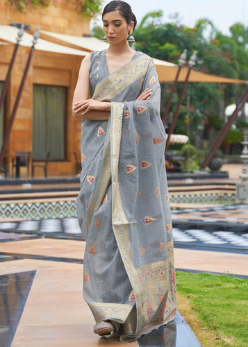 Slate Grey Woven Linen Silk Saree