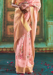 Flamingo Pink Zari Woven Linen Silk Saree Having Floral Digital Print