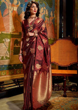 Laden Sie das Bild in den Galerie-Viewer, Mahogany Red Satin Woven Silk Saree with overall Golden Buti