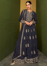 Load image into Gallery viewer, Dark Slate Grey Floral Embroidered Georgette Plazzo Suit