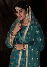Load image into Gallery viewer, Dark Firozi Blue Designer Soft Net Sharara Suit with Sequin work