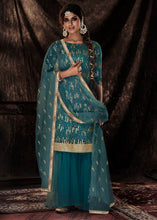 Load image into Gallery viewer, Dark Firozi Blue Designer Soft Net Sharara Suit with Sequin work