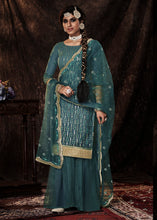 Load image into Gallery viewer, Cyprus Green Designer Soft Net Sharara Suit with Sequin work