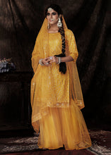 Load image into Gallery viewer, Golden Yellow Designer Soft Net Sharara Suit with Sequin work