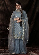 Load image into Gallery viewer, Slate Grey Designer Soft Net Sharara Suit with Sequin work