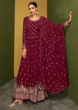 Load image into Gallery viewer, Dark Pink Floral Embroidered Georgette Plazzo Suit