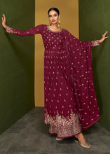 Load image into Gallery viewer, Dark Pink Floral Embroidered Georgette Plazzo Suit