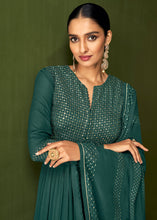 Load image into Gallery viewer, Teal Green Sequinned Georgette Plazzo Suit