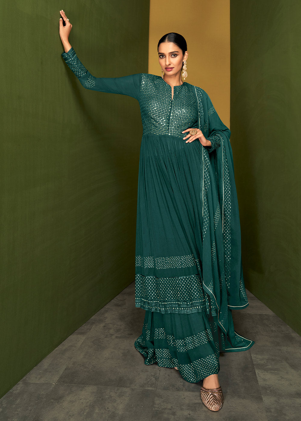 Teal Green Sequinned Georgette Plazzo Suit