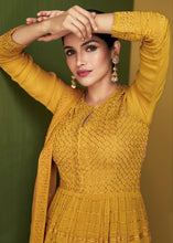 Load image into Gallery viewer, Mustard Yellow Sequins &amp; Embroidered Georgette Plazzo Suit