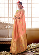 Load image into Gallery viewer, Peach Pink Woven Dola Silk Saree with Contrast Embroidered Border