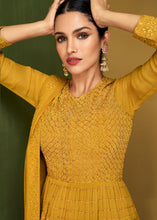 Load image into Gallery viewer, Mustard Yellow Sequins &amp; Embroidered Georgette Plazzo Suit