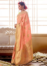 Load image into Gallery viewer, Peach Pink Woven Dola Silk Saree with Contrast Embroidered Border