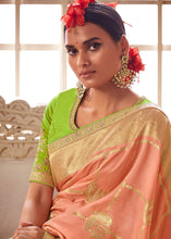 Load image into Gallery viewer, Peach Pink Woven Dola Silk Saree with Contrast Embroidered Border