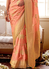 Load image into Gallery viewer, Peach Pink Woven Dola Silk Saree with Contrast Embroidered Border