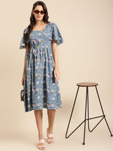 Load image into Gallery viewer, Cape sleeve printed midi dress with waist tie up