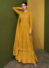 Load image into Gallery viewer, Mustard Yellow Sequins &amp; Embroidered Georgette Plazzo Suit