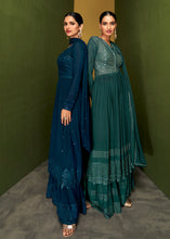 Load image into Gallery viewer, Space Blue Sequins &amp; Embroidered Georgette Plazzo Suit