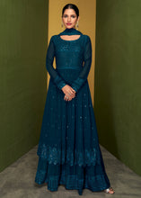 Load image into Gallery viewer, Space Blue Sequins &amp; Embroidered Georgette Plazzo Suit