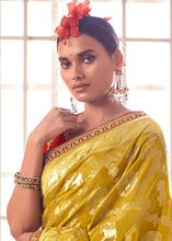 Load image into Gallery viewer, Canary Yellow Woven Dola Silk Saree with Contrast Embroidered Border