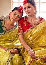 Load image into Gallery viewer, Canary Yellow Woven Dola Silk Saree with Contrast Embroidered Border