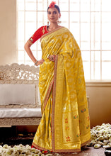 Load image into Gallery viewer, Canary Yellow Woven Dola Silk Saree with Contrast Embroidered Border