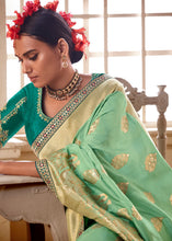 Load image into Gallery viewer, Pastel Green Woven Dola Silk Saree with Contrast Embroidered Border