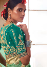 Load image into Gallery viewer, Pastel Green Woven Dola Silk Saree with Contrast Embroidered Border