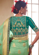 Load image into Gallery viewer, Pastel Green Woven Dola Silk Saree with Contrast Embroidered Border