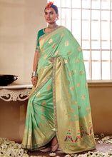 Load image into Gallery viewer, Pastel Green Woven Dola Silk Saree with Contrast Embroidered Border