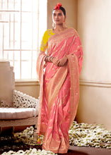 Load image into Gallery viewer, Punch Pink Woven Dola Silk Saree with Contrast Embroidered Border