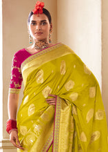 Load image into Gallery viewer, Suphur Spring Green Woven Dola Silk Saree with Contrast Embroidered Border