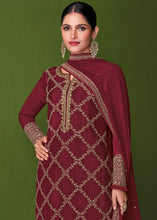 Load image into Gallery viewer, Garnet Red Georgette Embroidered Plazzo Suit