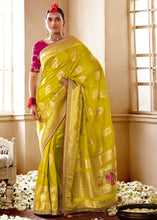Load image into Gallery viewer, Suphur Spring Green Woven Dola Silk Saree with Contrast Embroidered Border