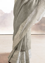 Laden Sie das Bild in den Galerie-Viewer, Pewter Grey Soft Linen Silk Saree with Lucknowi work and Sequence Blouse