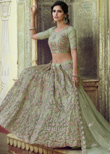 Laden Sie das Bild in den Galerie-Viewer, Olive Green Soft Net Lehenga Choli with Sequins, Thread, Zari &amp; Dori work