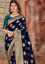 Laden Sie das Bild in den Galerie-Viewer, Denim Blue Zari Woven Soft Silk Saree with overall Butti work