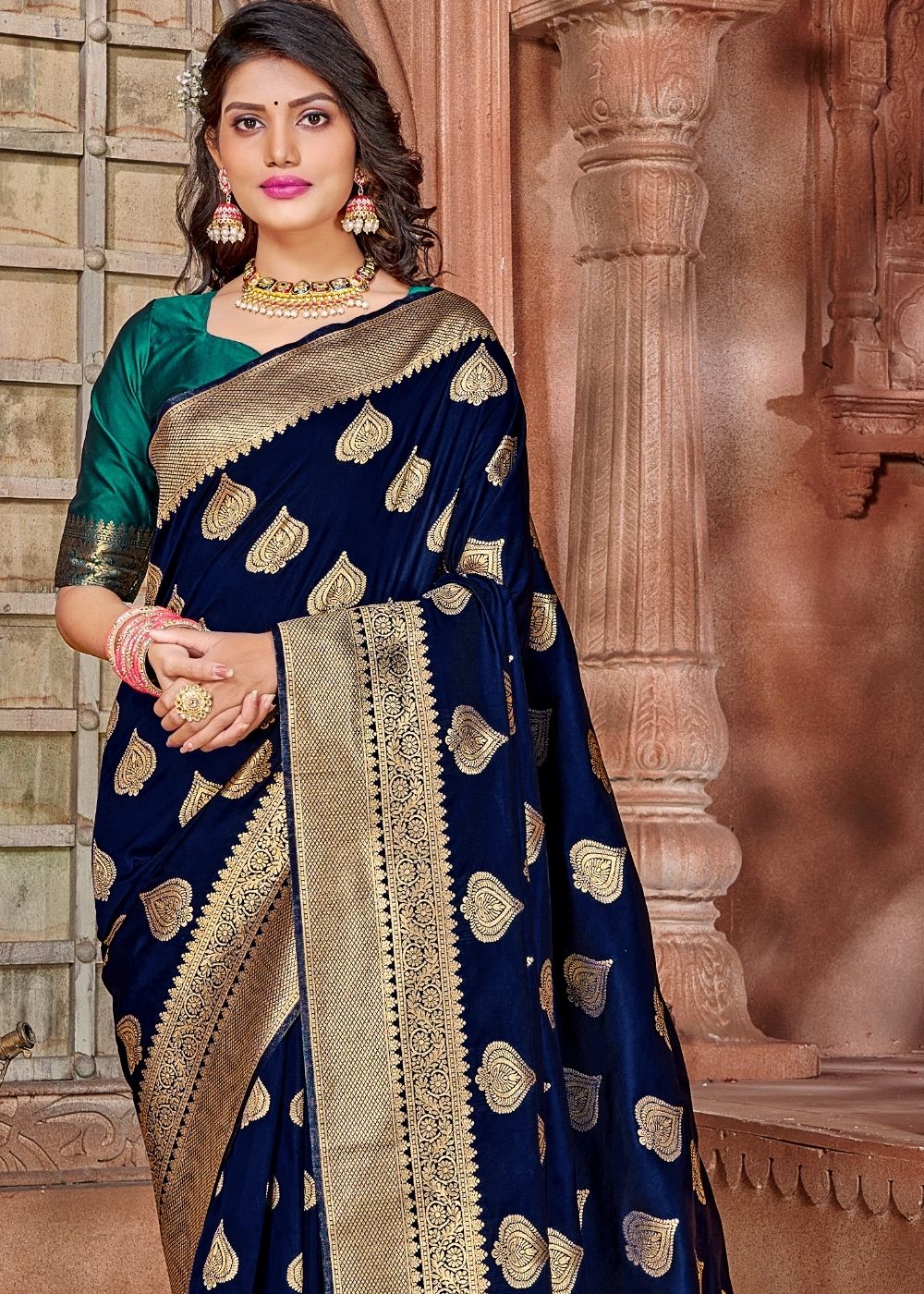 Denim Blue Zari Woven Soft Silk Saree with overall Butti work