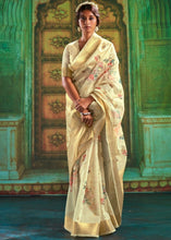 Carica l&#39;immagine nel visualizzatore Galleria,Cream Yellow Zari Woven Linen Silk Saree Having Floral Digital Print