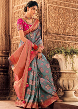 Carica l&#39;immagine nel visualizzatore Galleria,Steel Blue Woven Banarasi Silk Saree with Embroidered Blouse