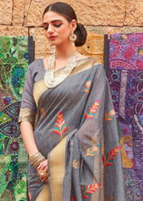 Laden Sie das Bild in den Galerie-Viewer, Seal Grey Linen Silk Saree with Colorful Weaving work