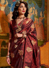 Cargar imagen en el visor de la galería, Mahogany Red Satin Woven Silk Saree with overall Golden Buti